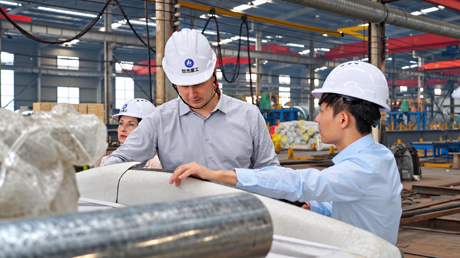 Visitors reviewing factory equipment with supplier staff