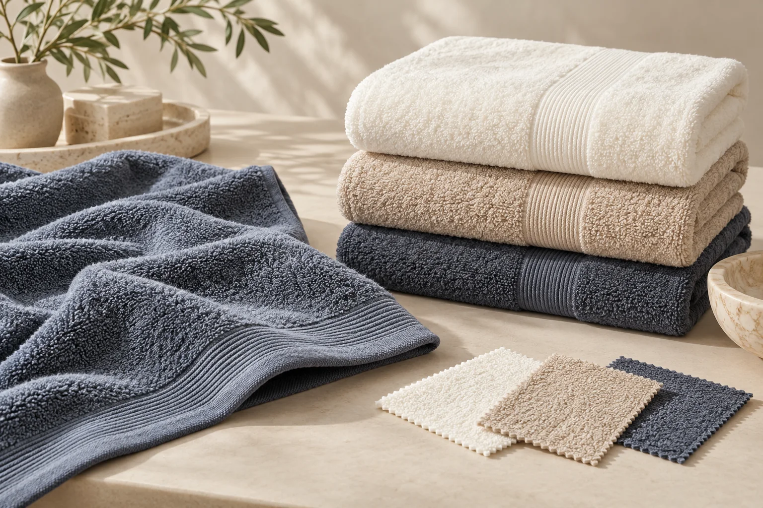 Folded ivory, sand and slate towels with fabric swatches