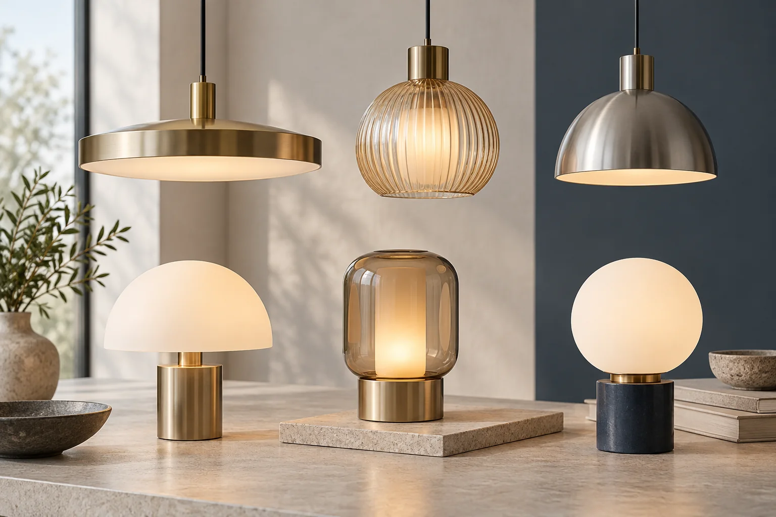 Decorative pendant and table lighting fixtures on a neutral tabletop