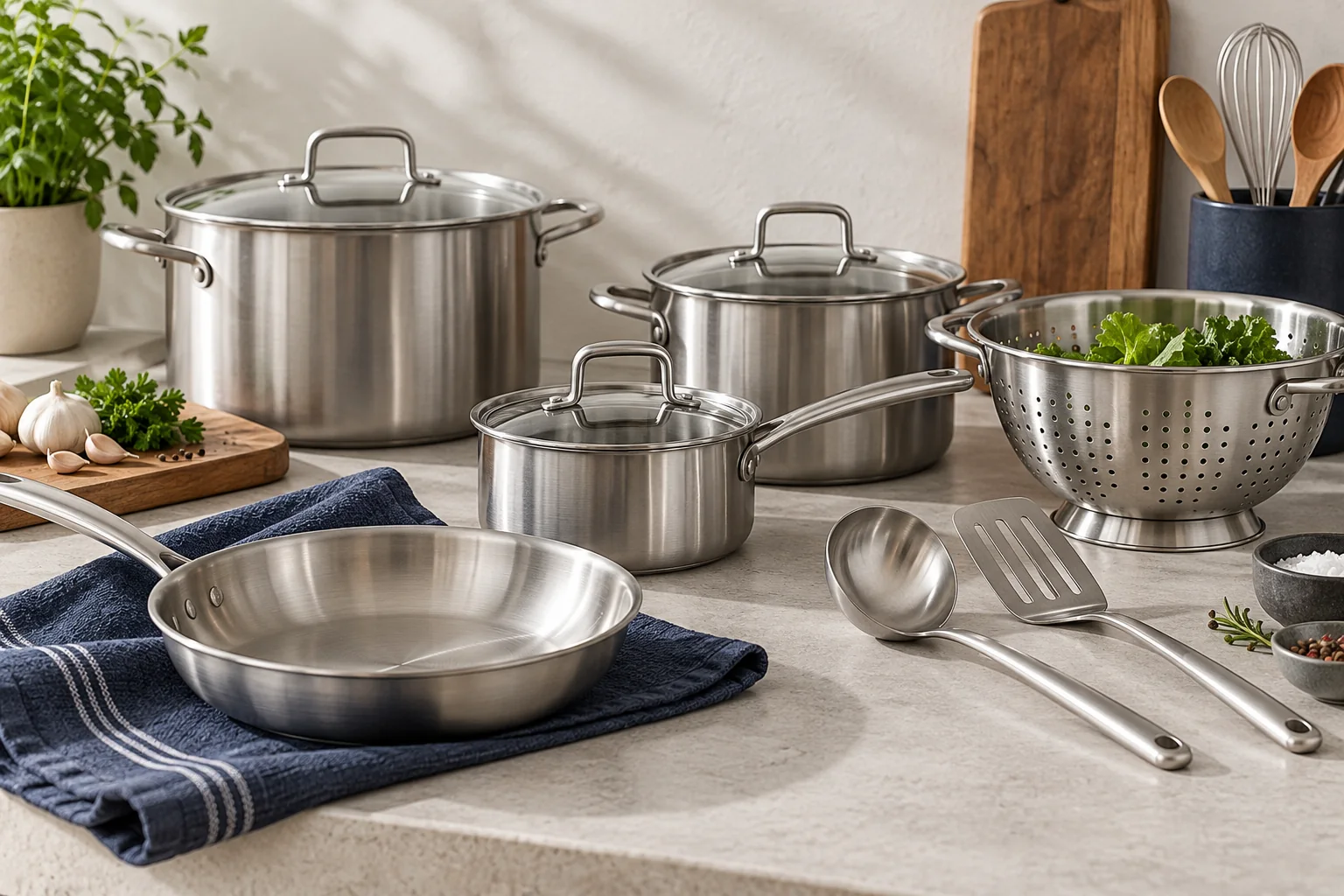 Stainless steel cooking pots, colander and kitchen utensils