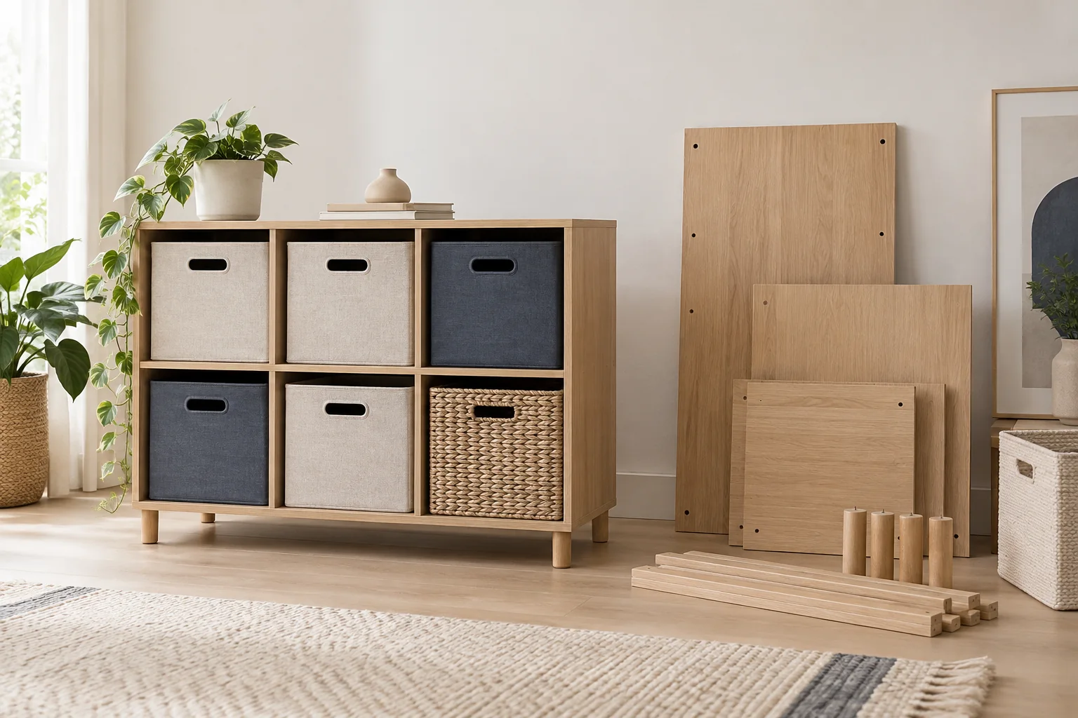 Wooden storage shelving with baskets and separate flat-pack panels