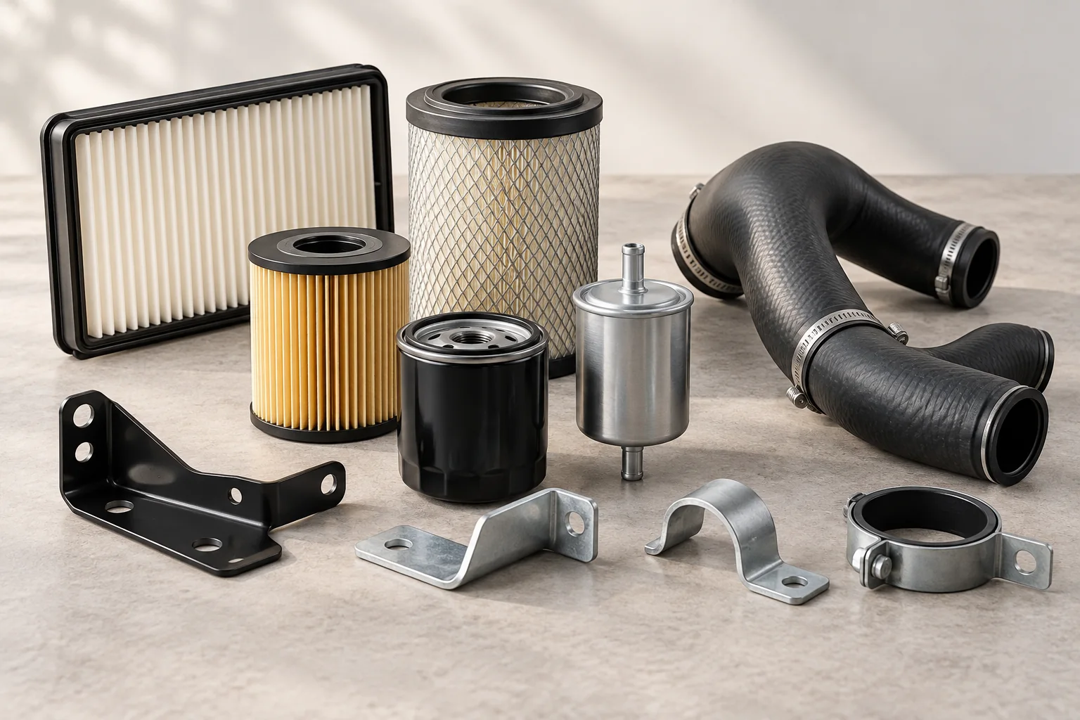 Generic automotive filters, rubber hoses and metal brackets