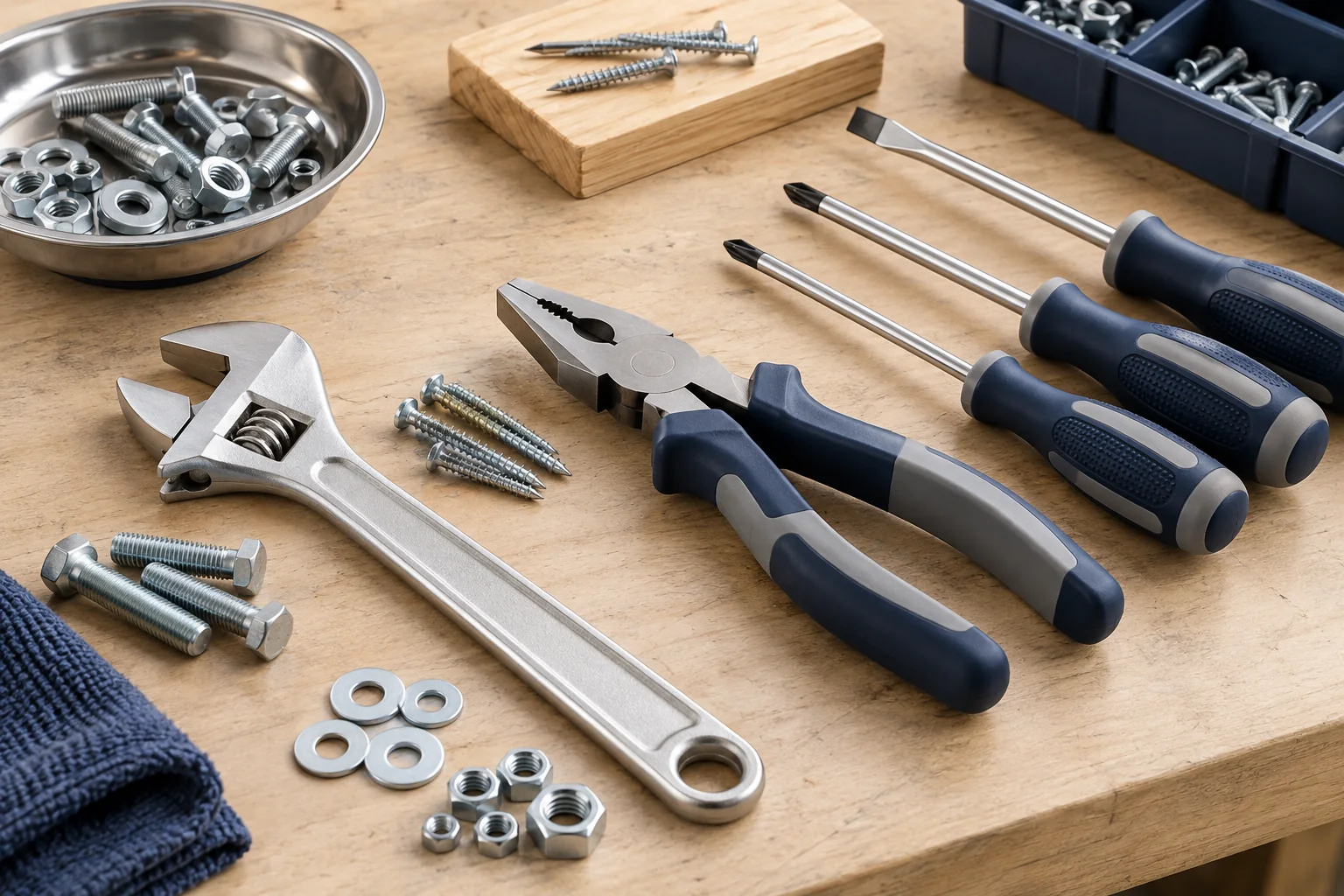Hand tools and fasteners arranged on a neutral workbench