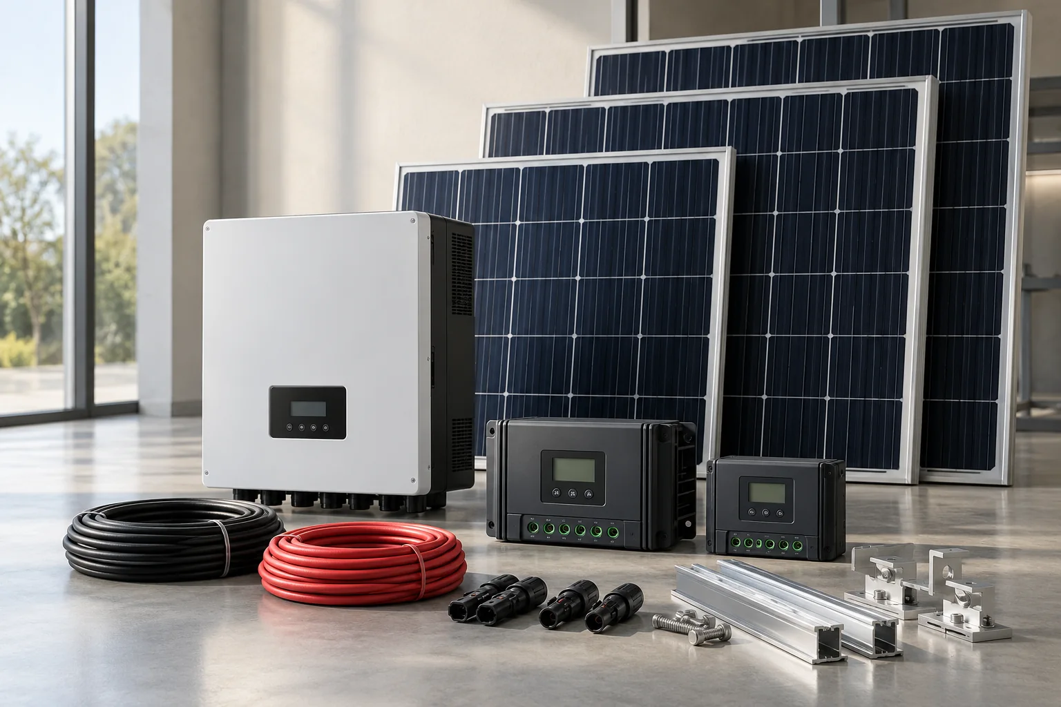 Solar panels, inverter and charge controllers in a clean showroom