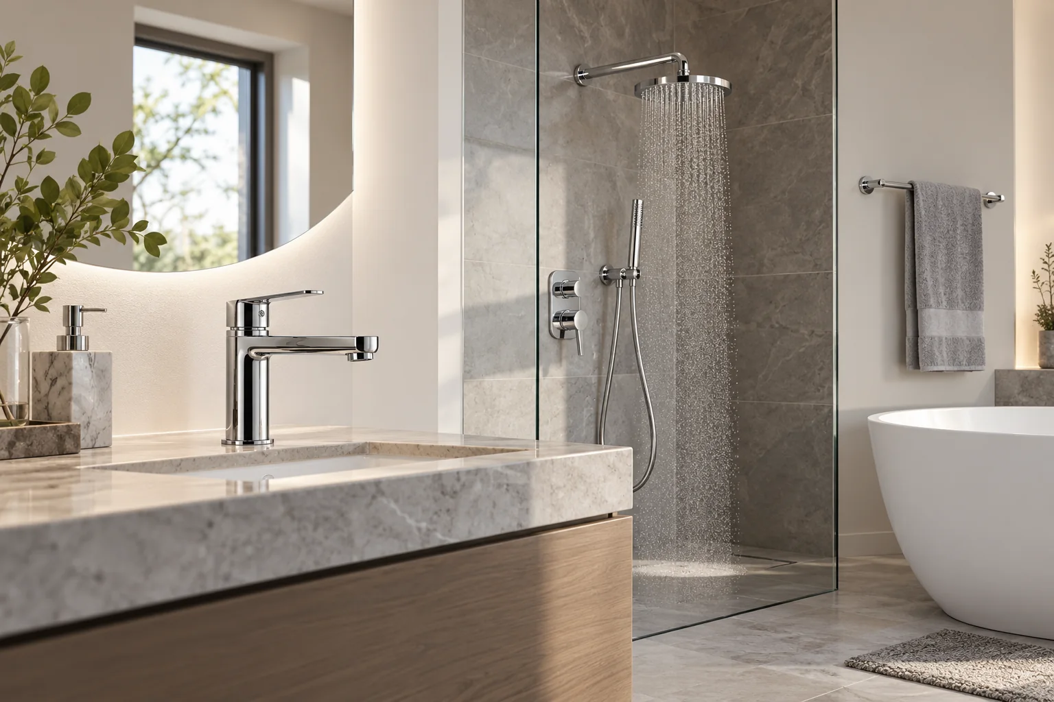 Chrome faucets, shower fixtures and bathroom hardware in a neutral interior