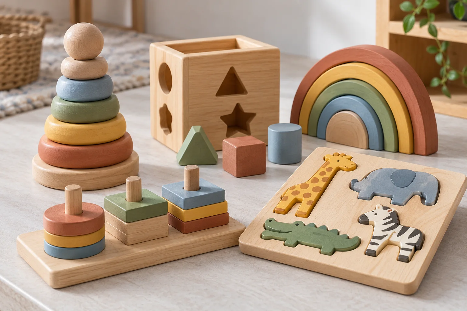 Wooden puzzles, stacking blocks and educational toys on a tabletop