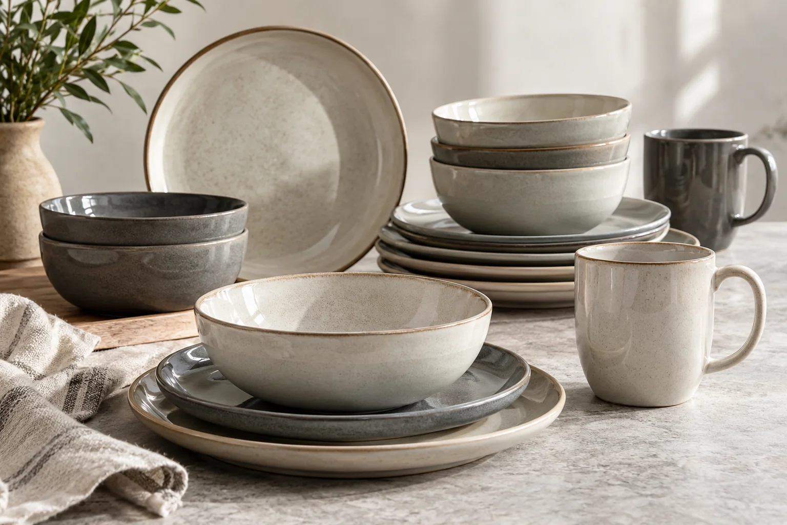 Neutral ceramic dinner plates, bowls and mugs arranged on a table