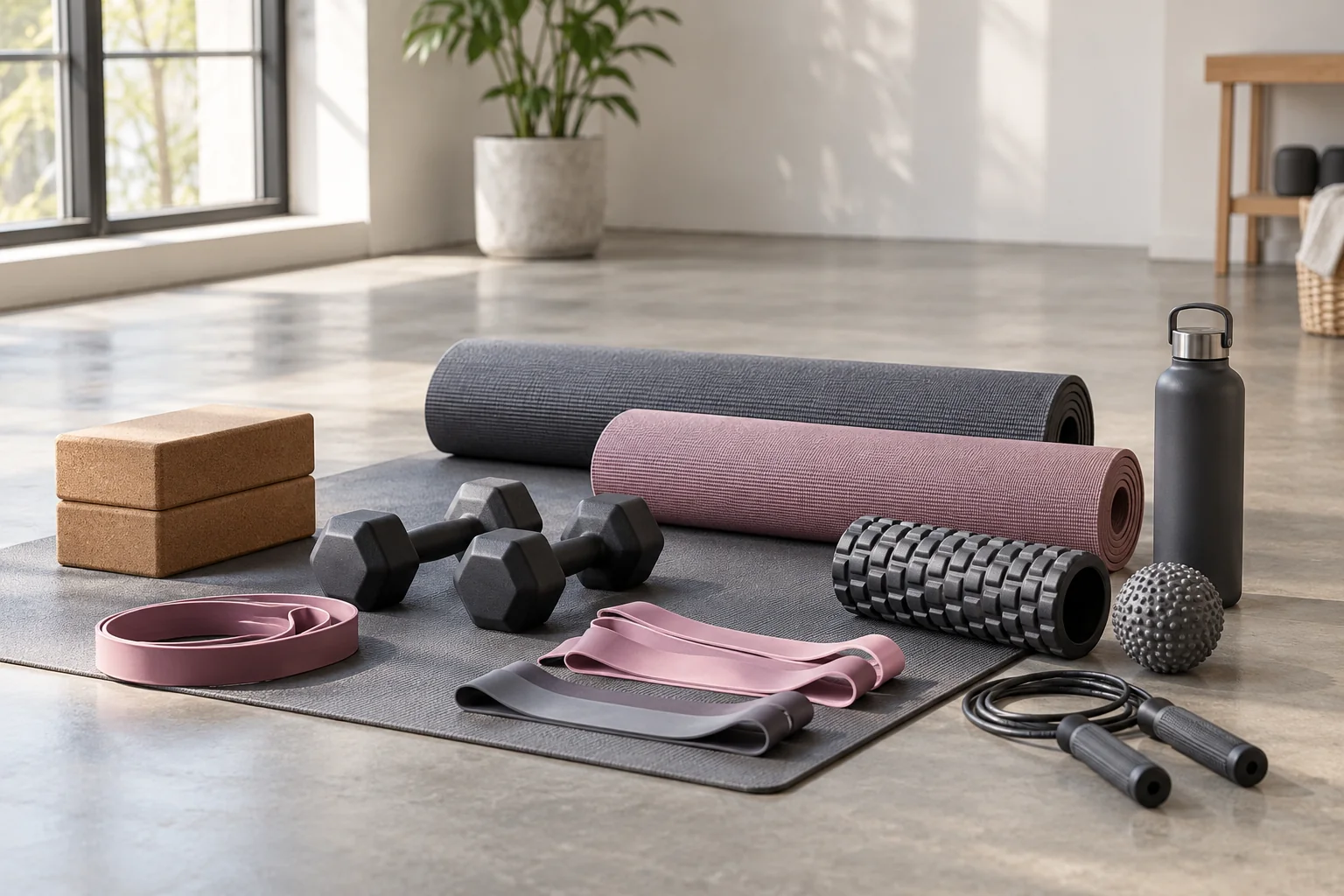 Yoga mats, resistance bands, dumbbells and fitness accessories in an empty studio