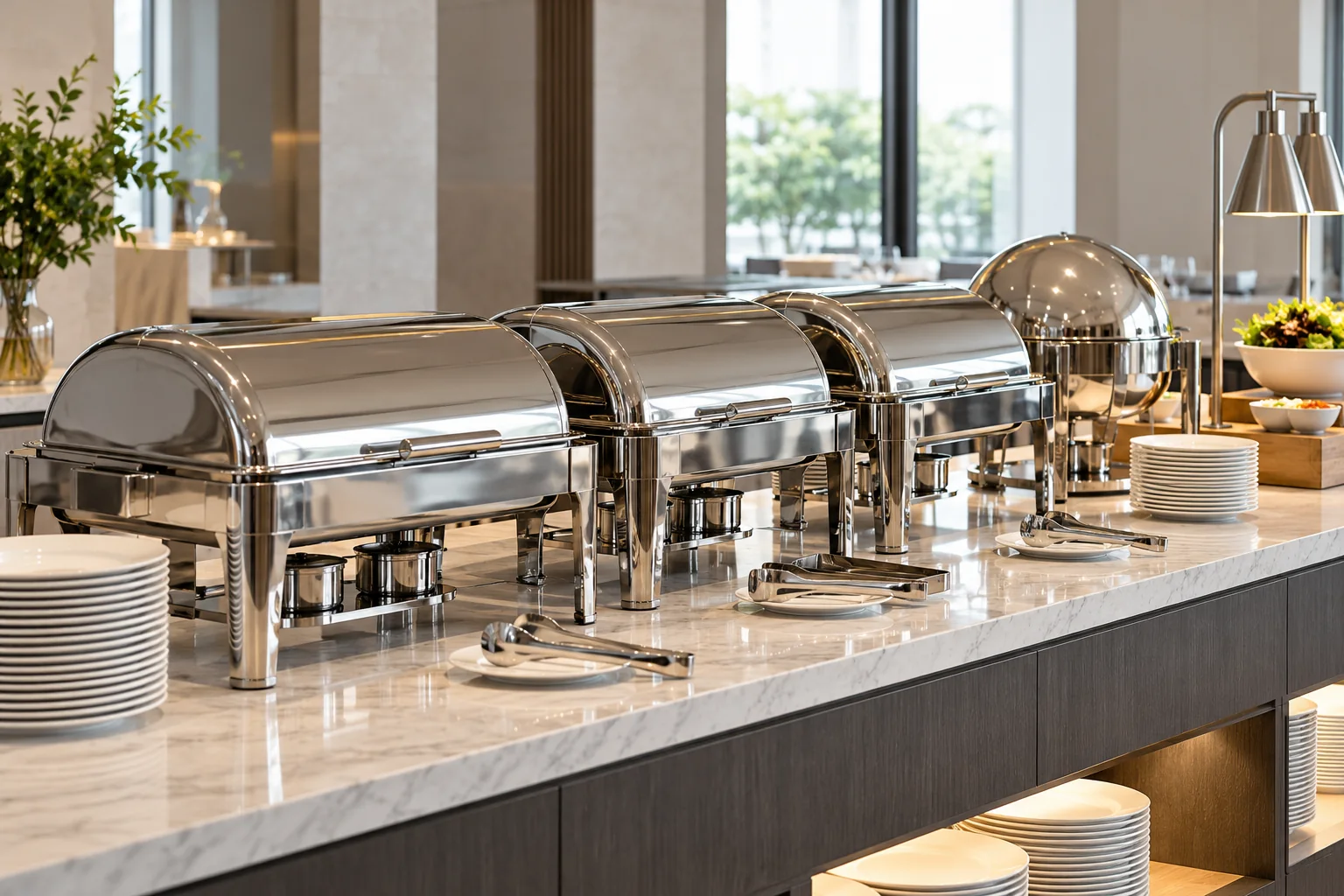 Stainless steel chafing dishes and buffet serving equipment