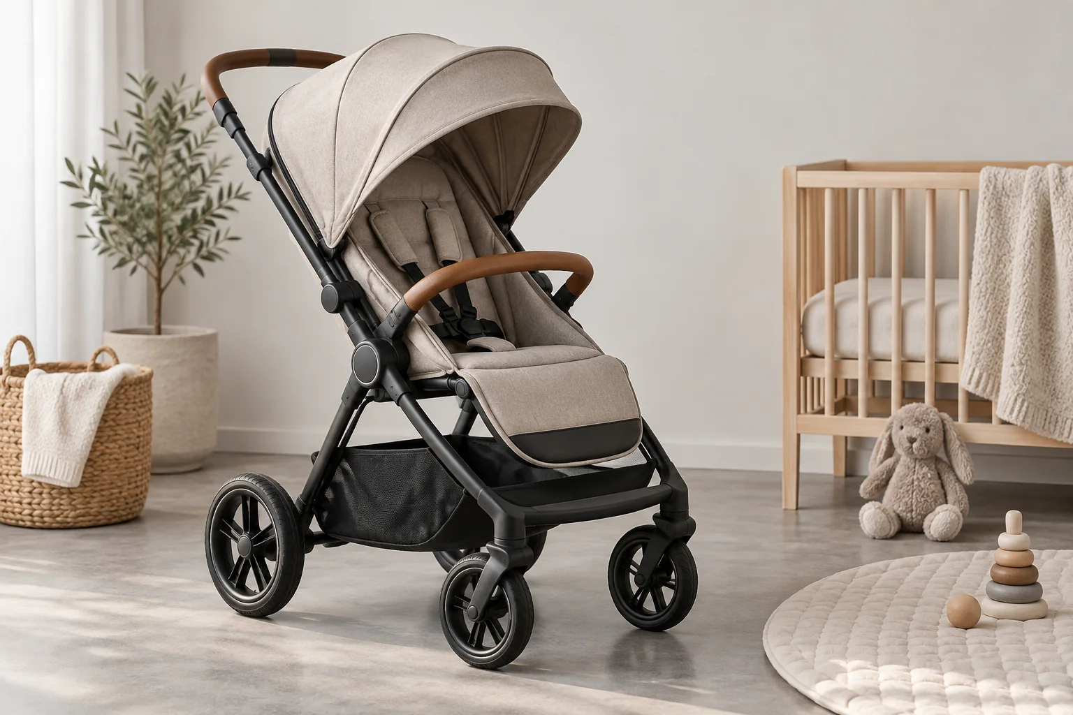 An empty baby stroller and nursery accessories in a neutral studio