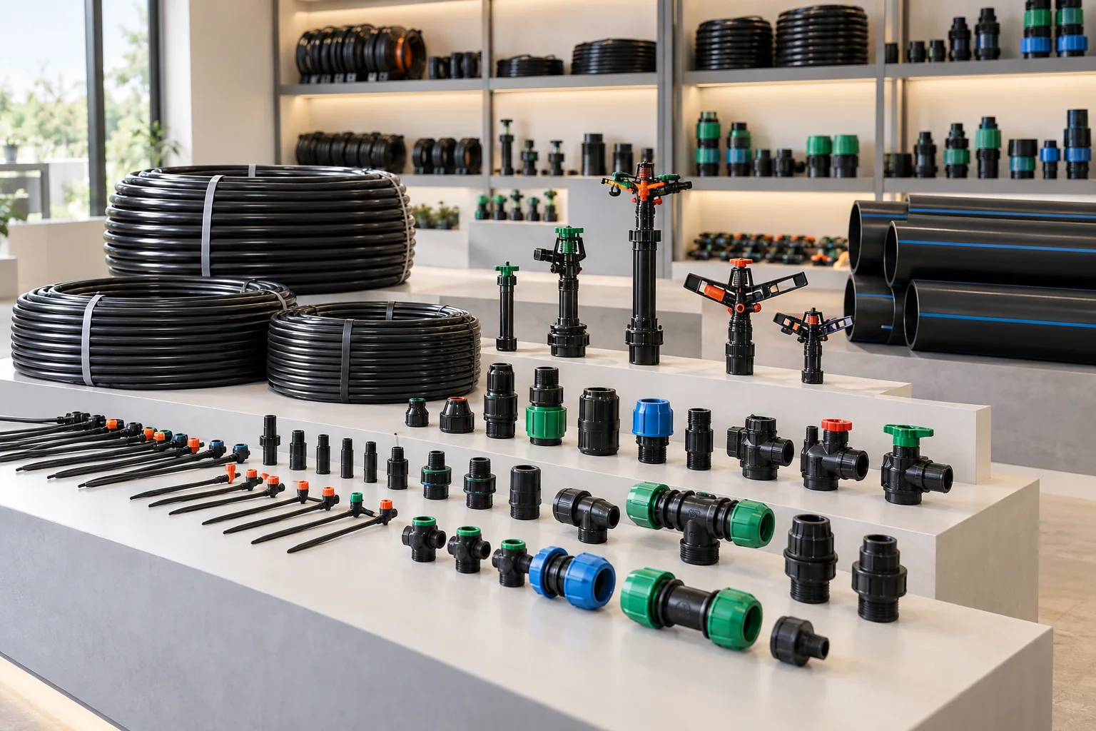 Irrigation pipes, drip components, sprinklers and connectors